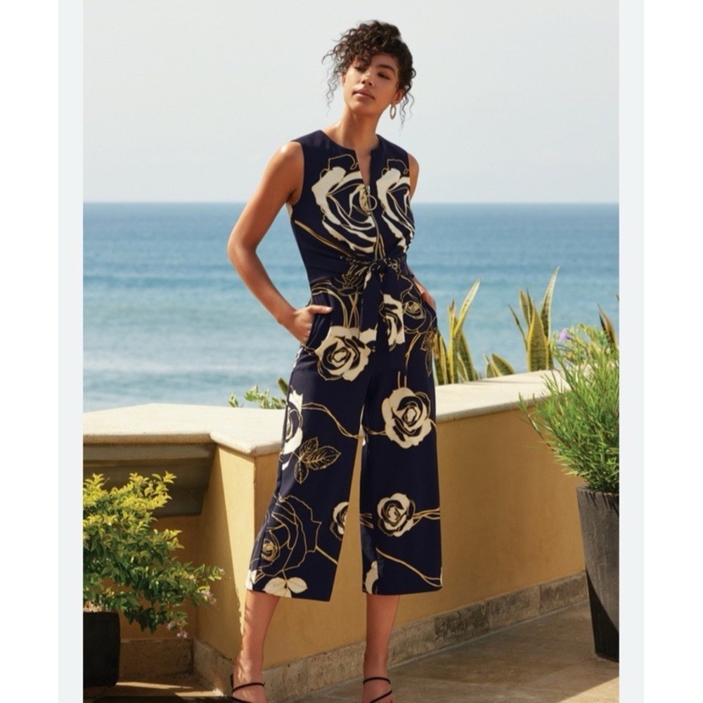 Joseph Ribkoff Sleeveless Wide Leg Crop Jumpsuit Navy White Gold Floral Women 10